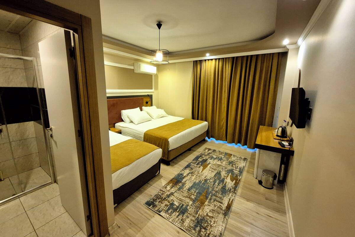 Ein Hotelzimmer mit zwei Betten, einem Schreibtisch mit Stuhl, einem Fernseher und einem Duschbereich.