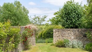 Un mur de pierre sur lequel grimpe un rosier, une zone herbeuse et diverses plantes.
