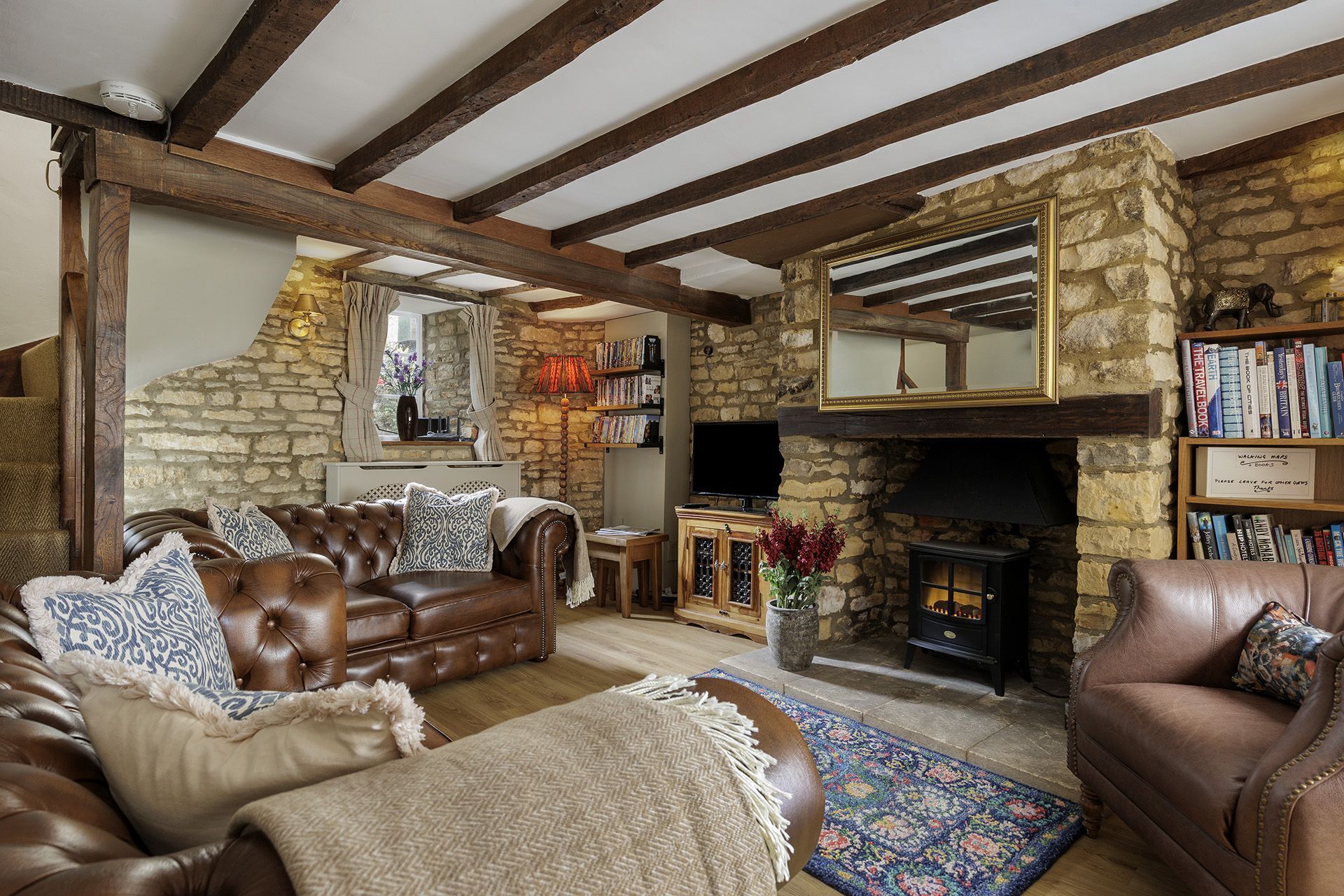 TV, fireplace, DVD player, books