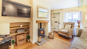 A cozy living room with a fireplace, a television, and a comfortable seating area. - Dog friendly Cotswold cottage with a tranquil garden - Blenheim Cottage (Woodstock)