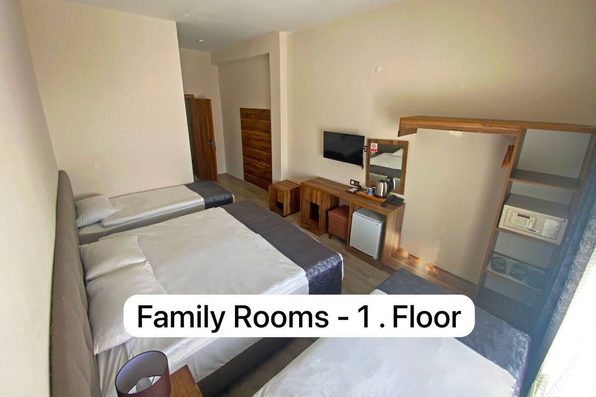 Quarto familiar com duas camas, uma escrivaninha, televisão e micro-ondas.