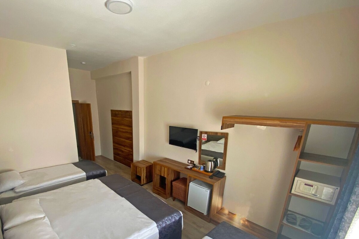 A family room with two beds, a desk, a television, and a microwave.