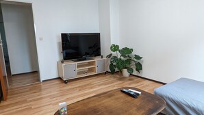 A living room with a TV on a wooden stand, a plant, and a remote control on a wooden table. - Vacation Apartment Near The Black Forest (Villingen-Schwenningen)