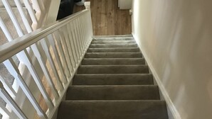A carpeted staircase with white railings leading to a door with a window.