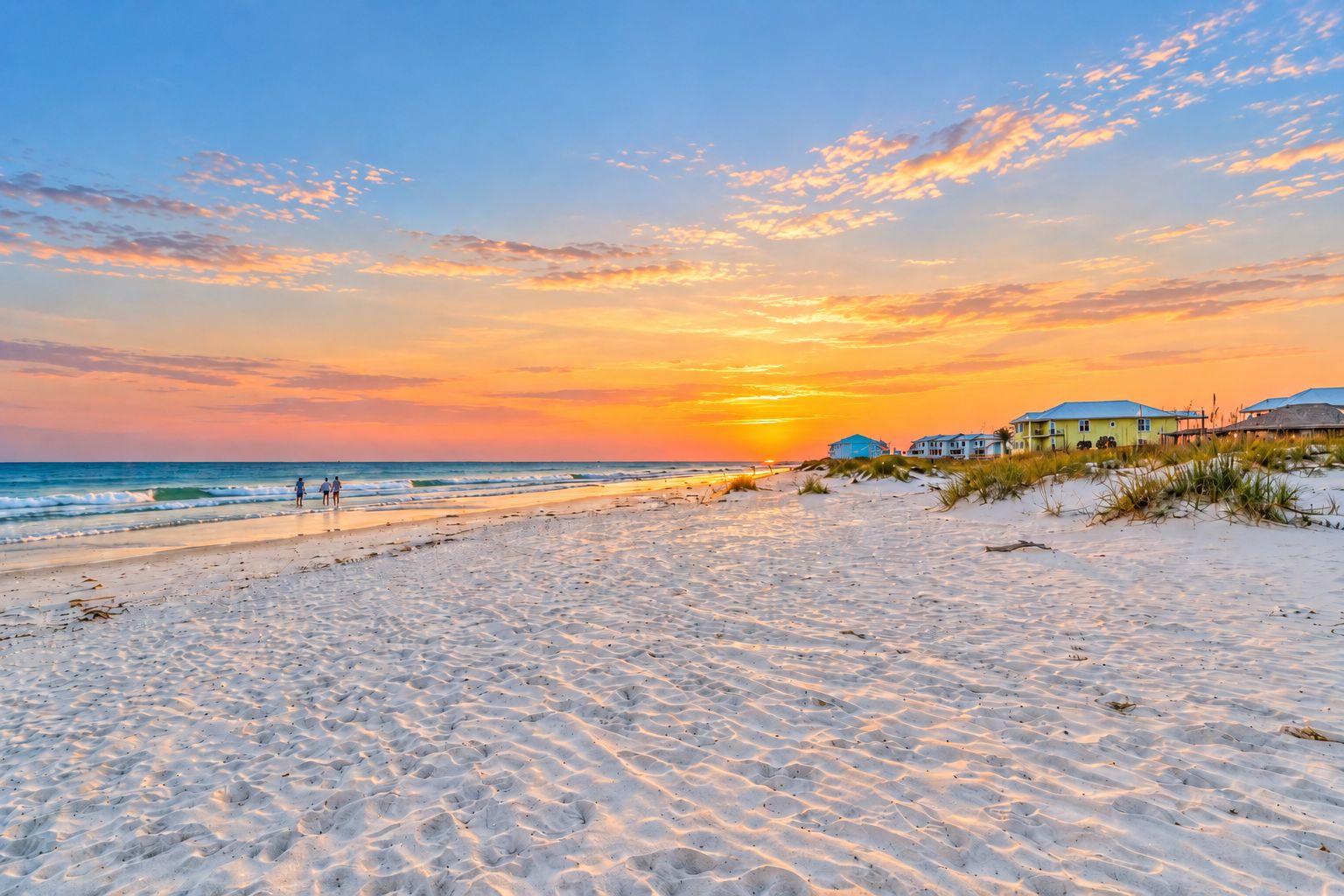 A beach with a sunset, sandy dunes, and beachfront houses.