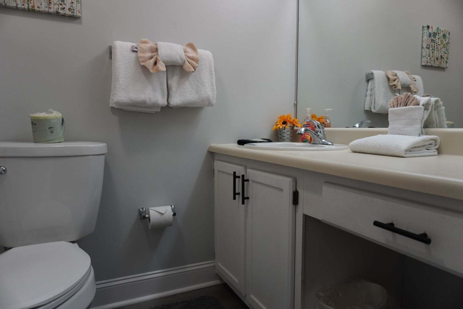 Ein Badezimmer mit Toilette, Waschbecken mit Spiegel und Handtüchern an der Wand.