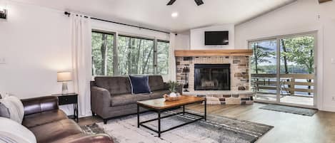 Smart TV, fireplace, DVD player, foosball