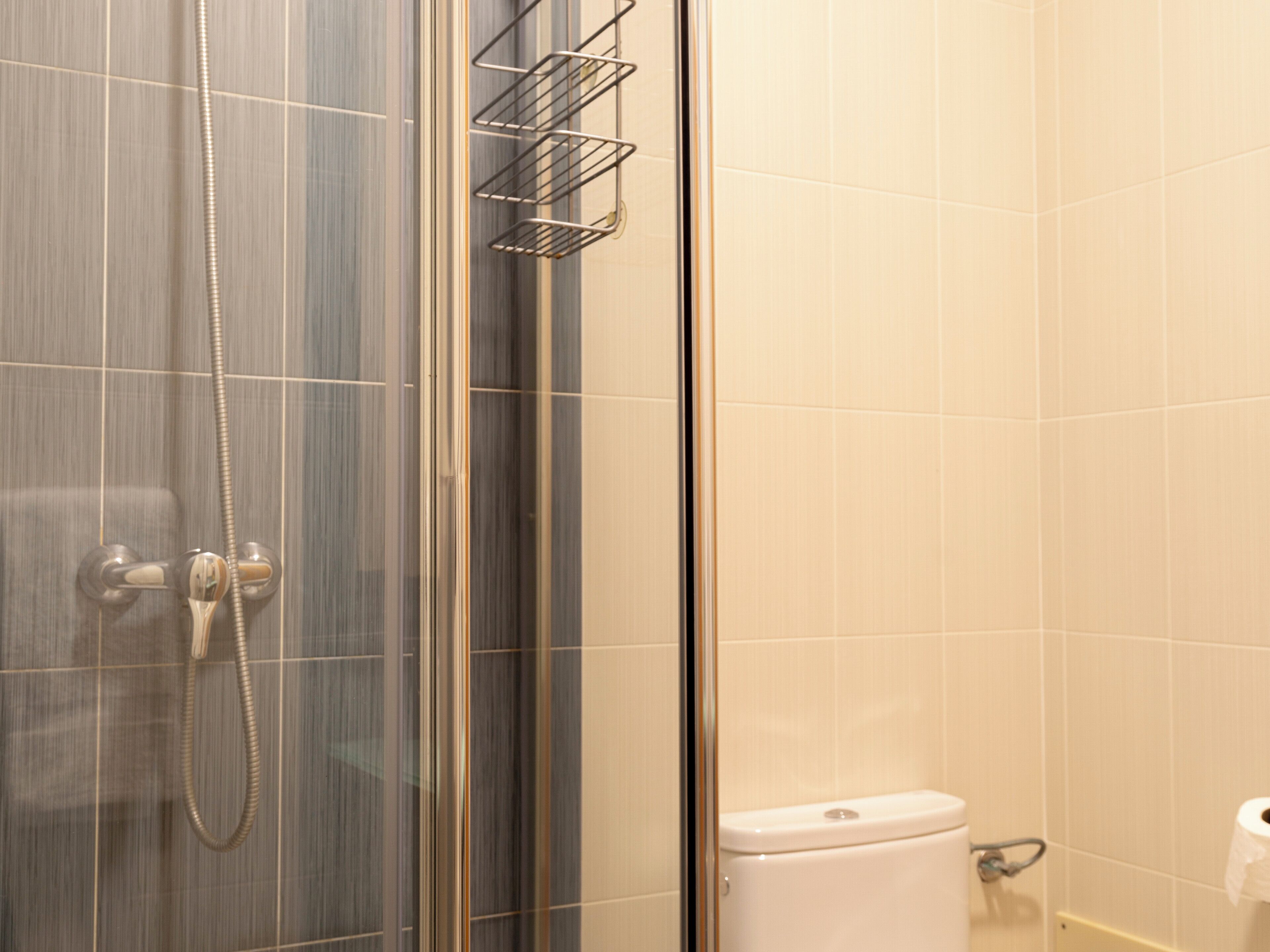 Une salle de bain avec une douche à parois de verre, des toilettes et un porte-serviettes.