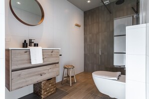 Shower, hair dryer, towels