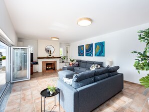 Fernseher, Kamin, DVD-Player, Bücher