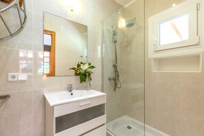 A modern bathroom with a glass-enclosed shower, a white sink, and a mirror.