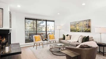 TV connectée, cheminée, services de streaming, chaîne hi-fi