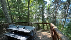 Une terrasse en bois avec une table et des bancs, entourée de grands arbres et offrant une vue dégagée sur la forêt.