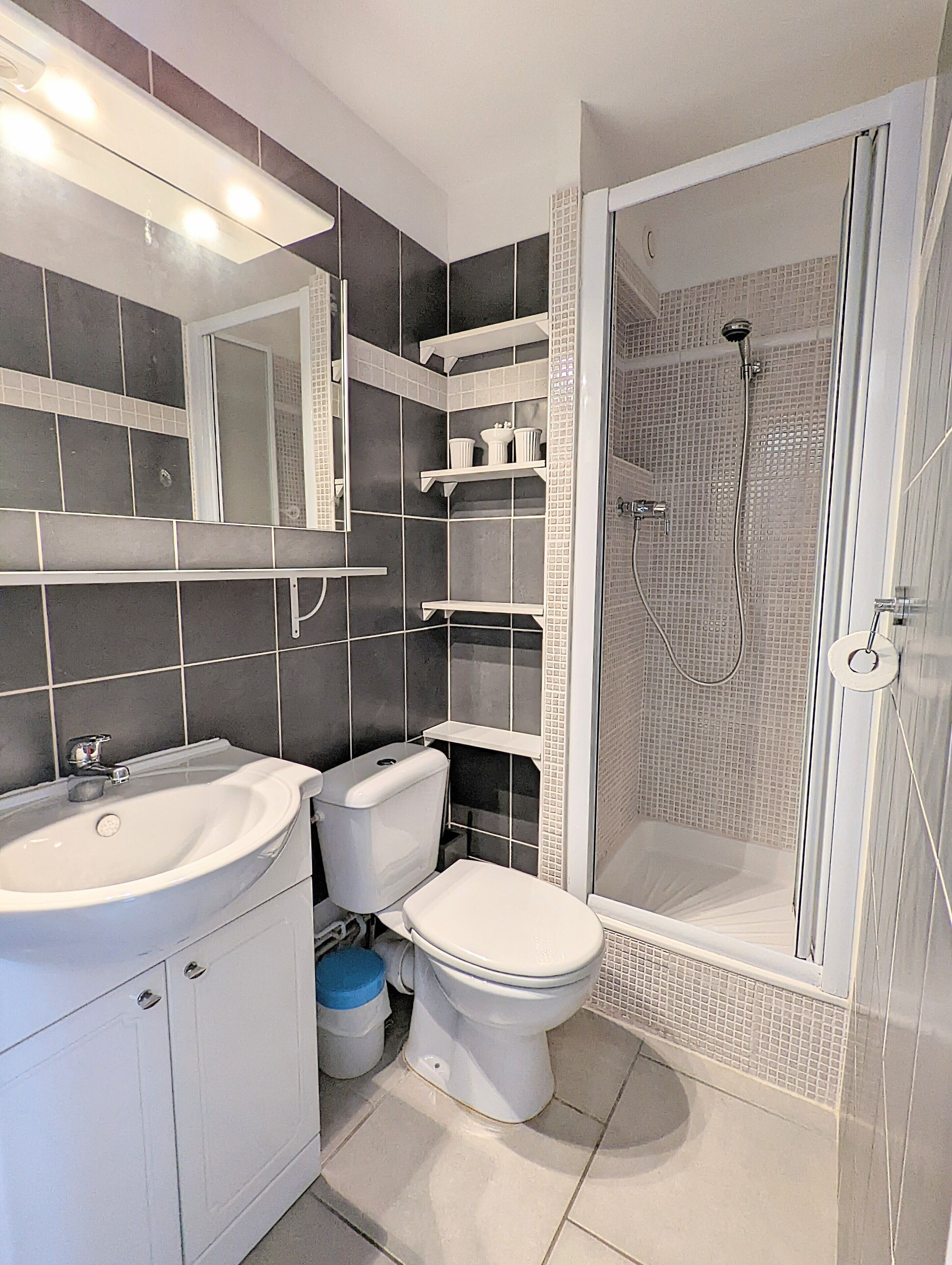 A modern bathroom with a shower, toilet, sink, and storage shelves.