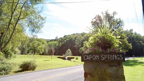 A sign for Capon Springs with a stone base and a planter with flowers.
