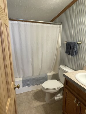 Ein Badezimmer mit Duschvorhang, Toilette und Waschtisch.