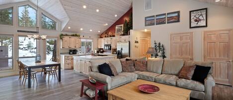 TV, caminetto, lettore DVD, libri