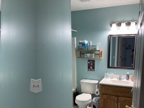 Bañera con ducha, secador de pelo, toallas, jabón