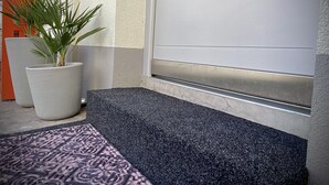 Un hall d’entrée moderne avec un tapis gris, une plante en pot et une porte dotée d’une poignée en métal.