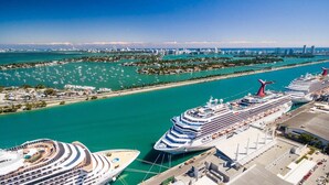 A large cruise ship docked at a port with a marina in the background. - Posturepedic Beds!NearBeach/Airport Spacious BBQ/BAR (Miami)