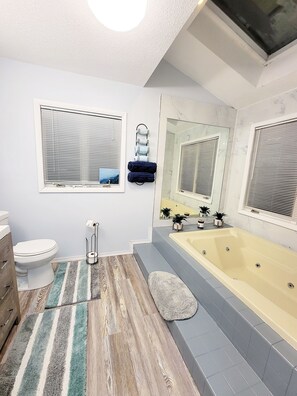 Combined shower/bathtub, hair dryer, towels, soap