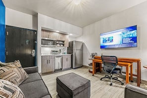 45-inch flat-screen TV with cable channels, TV