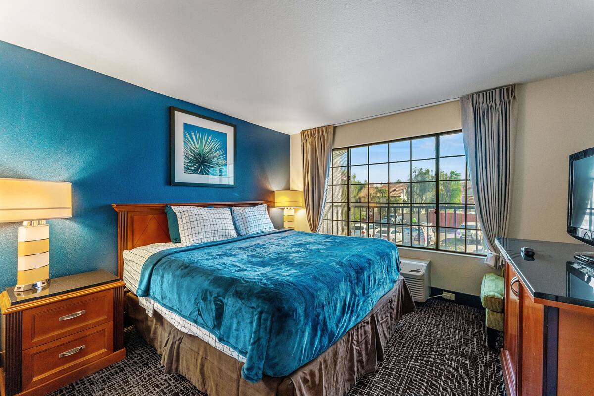 A hotel room with a large bed, a desk, a TV, and a window with curtains.