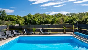 A rectangular swimming pool with a clear blue water surface, surrounded by a black fence. There are four lounge chairs aligned along the poolside, and a small potted plant is placed between two of the chairs. The background features a dense green tree line under a partly cloudy sky. - Radmila by Interhome (Krk/Šilo)