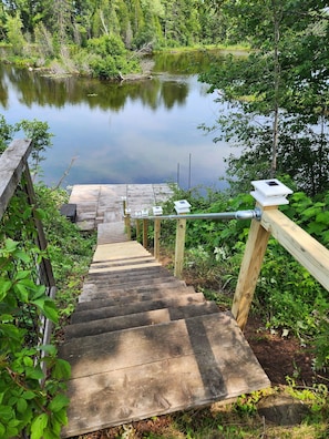 Unes escales de fusta que condueixen a un moll sobre un llac tranquil, envoltat de vegetació abundant.