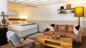 A modern living room with a sofa, armchair, and coffee table. There is a bed with a headboard and pillows, a lamp, and a shelf with items. - the Alander (Copake)