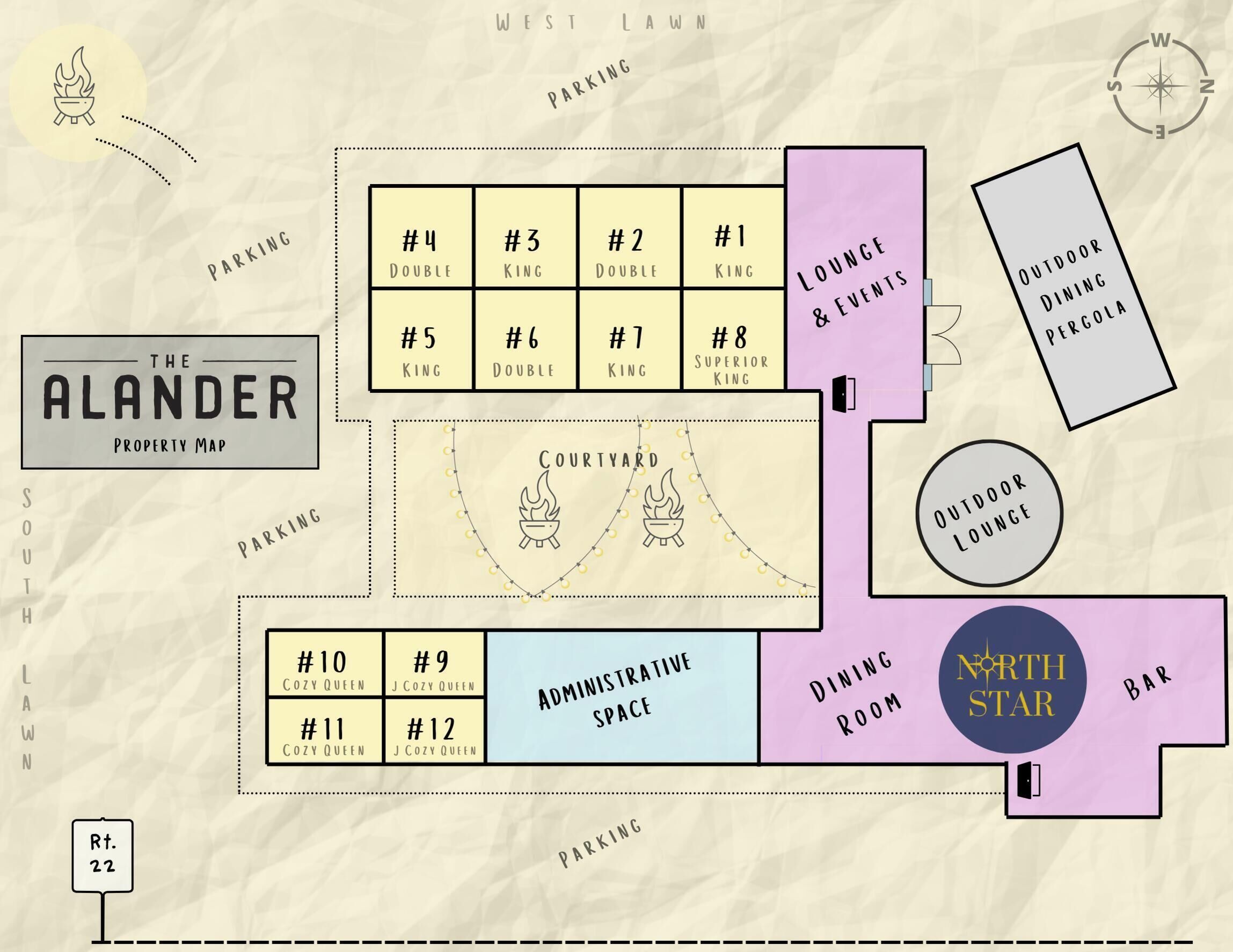 Ein Grundriss der Anlage The Alander mit beschrifteten Räumen und Bereichen, wie Doppel- und Kingsize-Zimmer, eine Lounge & Eventbereich, ein Essbereich im Freien und Büroflächen.