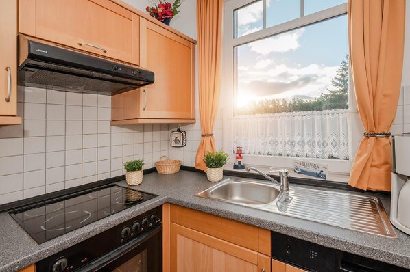 Fridge, oven, dishwasher, coffee/tea maker