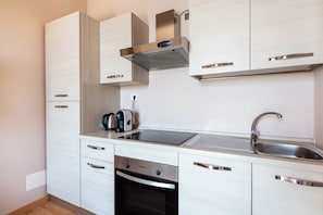 A compact kitchen with a built-in oven, a stovetop, a sink, and a range hood. - Hotel Apartment "Gardasol Romantic 1 Vista Lago" with Lake View, Pool & Wi-Fi (Toscolano maderno)
