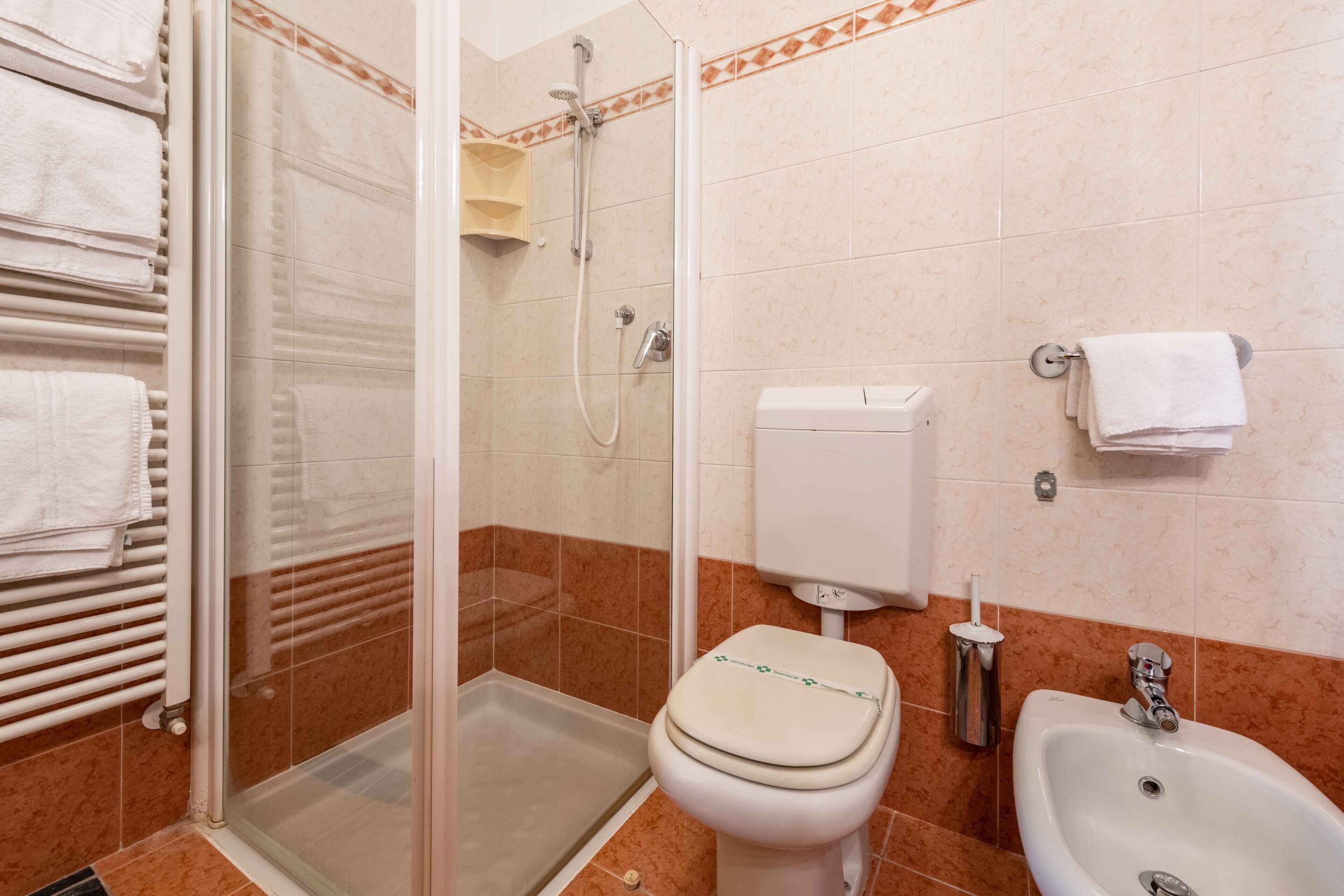 A bathroom with a glass-enclosed shower, a toilet, a bidet, and a sink.
