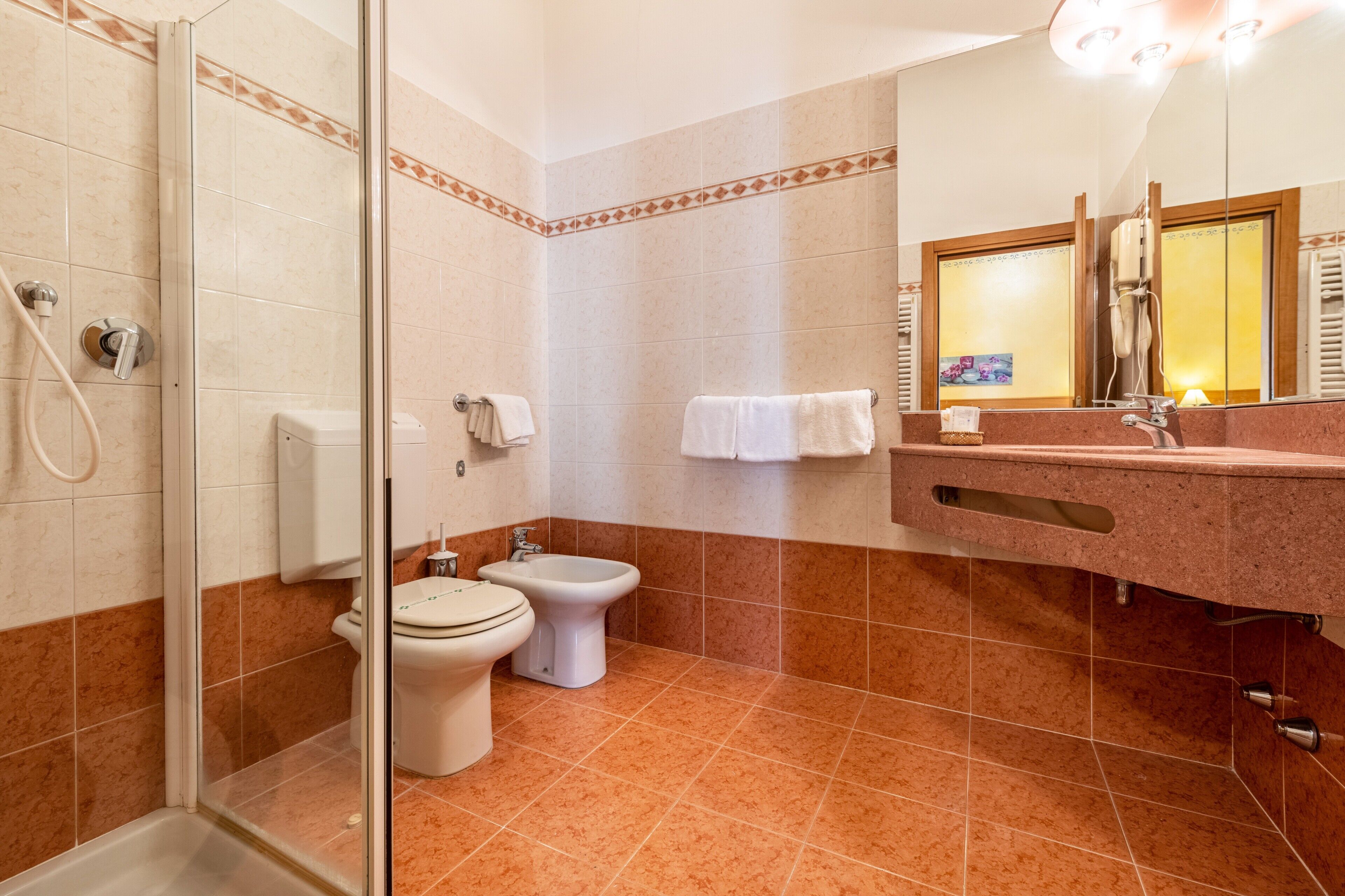 Un bagno con box doccia in vetro, un water, un bidet e un lavabo con specchio.