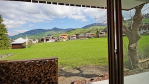 A view from a room with a large window overlooking a green field, a tree, and a distant village with houses and a church. - Apartment 'Ciasa Rungg App Corones' with Mountain View, Garden & Wi-Fi (St.Vigil)