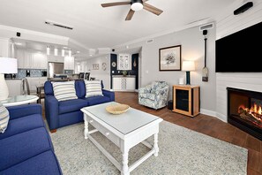 Smart TV, fireplace, DVD player, video library
