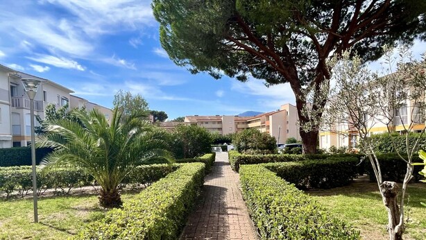 A paved pathway flanked by neatly trimmed hedges and trees, leading towards a building complex with multiple balconies.