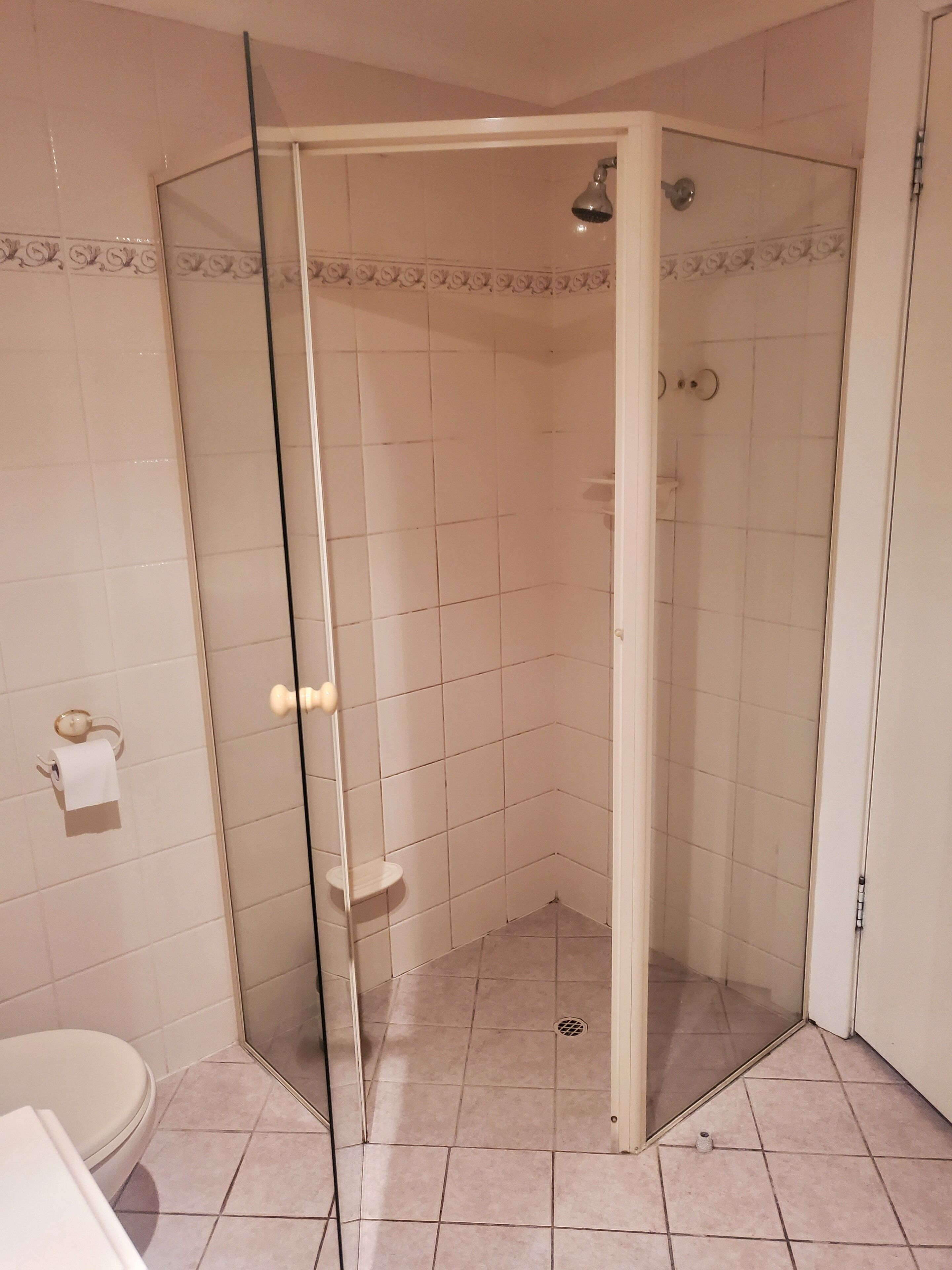 Bathtub, towels, soap, toilet paper