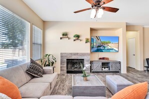 Smart TV, fireplace, foosball, table tennis