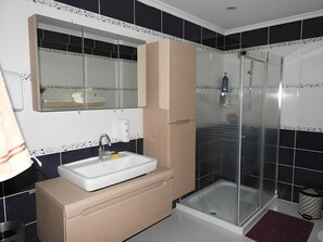 Combined shower/bathtub, hair dryer, towels, soap