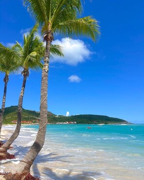 Una playa con palmeras, agua turquesa cristalina y una colina distante con edificios.