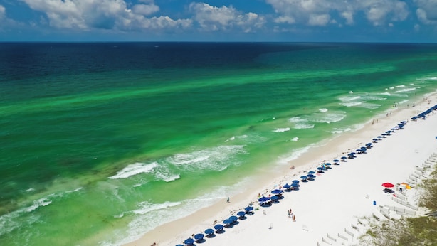 A beach with clear turquoise water, a white sandy shore, and a row of blue umbrellas.