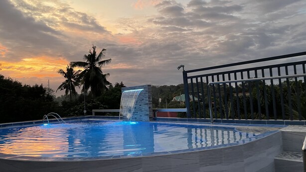 A swimming pool with a waterfall feature, surrounded by palm trees and a metal fence.