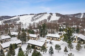 Een woonwijk met moderne huizen, omringd door met sneeuw bedekte bomen en een skipiste in de achtergrond.