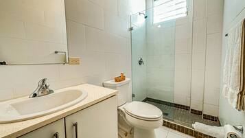 Een douche, handdoeken, zeep, shampoo