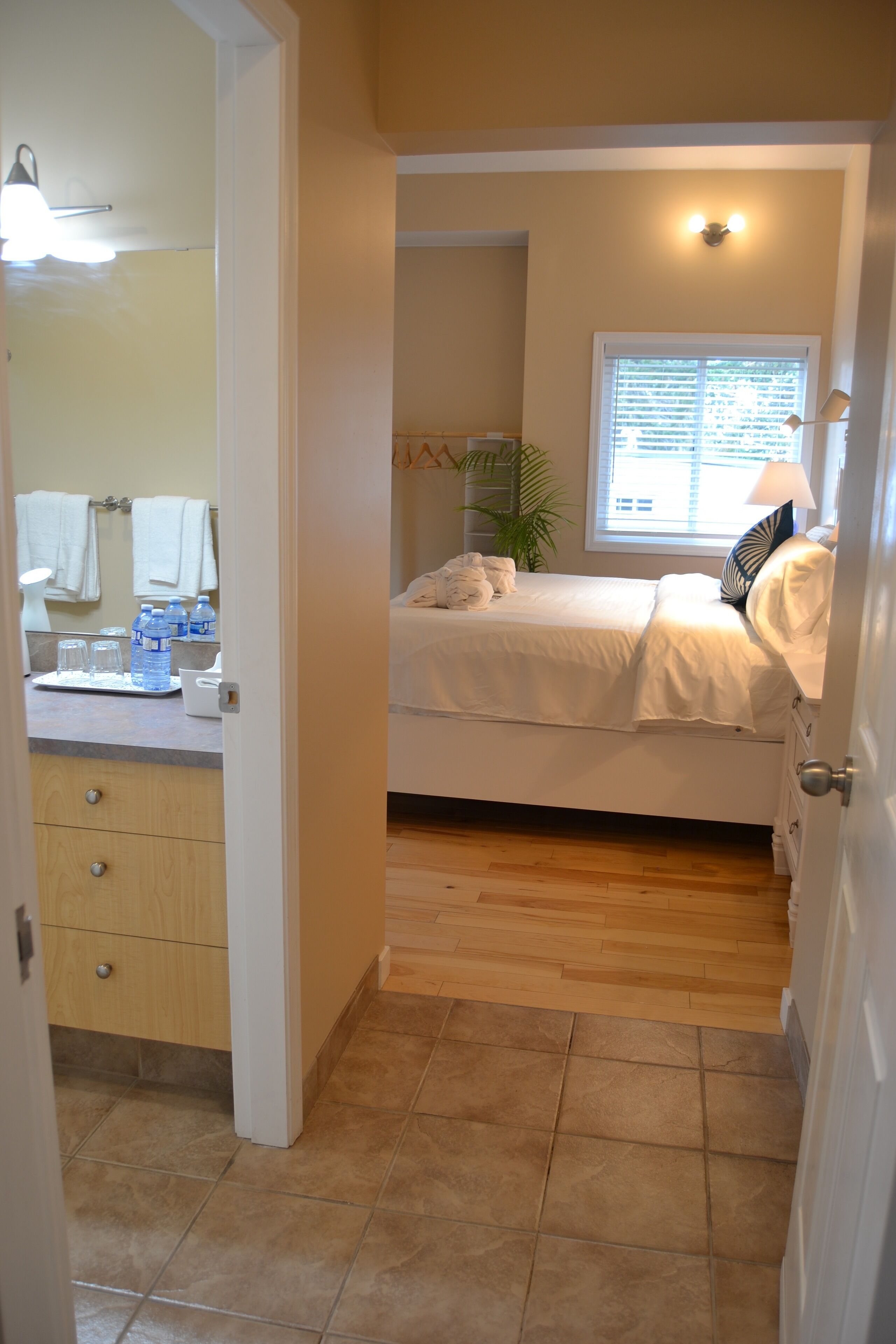 A bedroom with a bed, a window, a plant, and a bathroom with a sink and mirror.