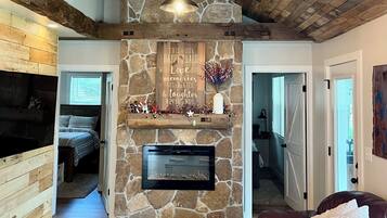 Smart TV, fireplace, books
