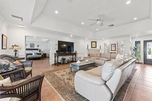 Smart TV, fireplace, books