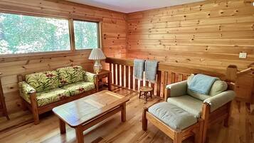 Smart TV, fireplace, DVD player, books